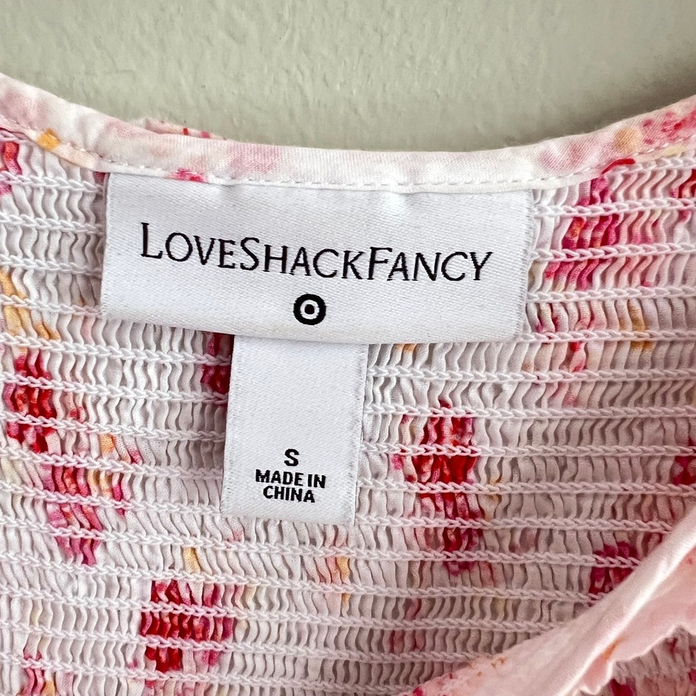 LoveShackFancy Dress Small Smocked Midi Puff Sleeve Pink Cottage Shabby Chic - Picture 6 of 14
